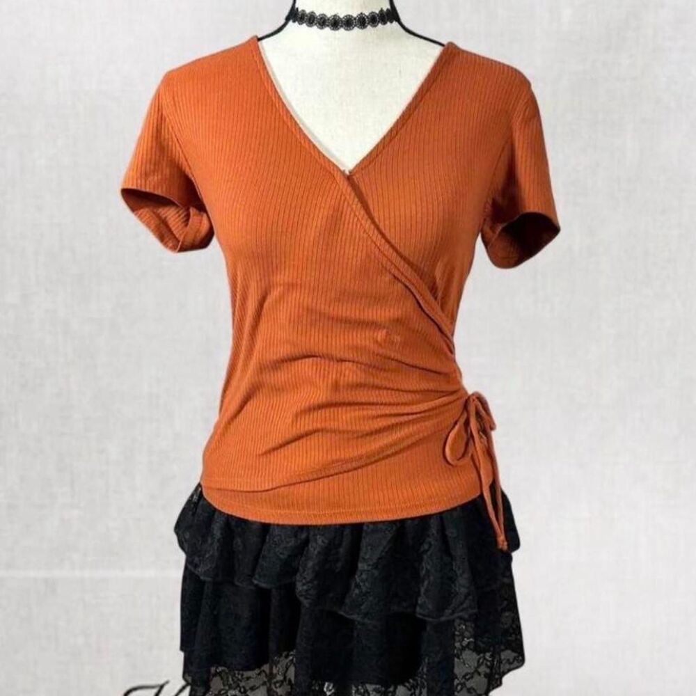 Y2K Fall Fashion Feminine V-Neck Faux Wrap Top with Side Tie